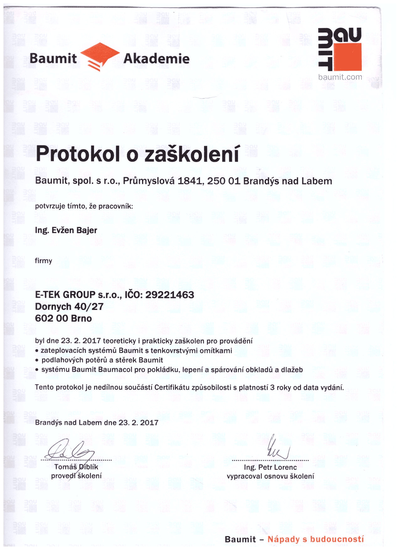 Baumit – Protokol o zaškolení