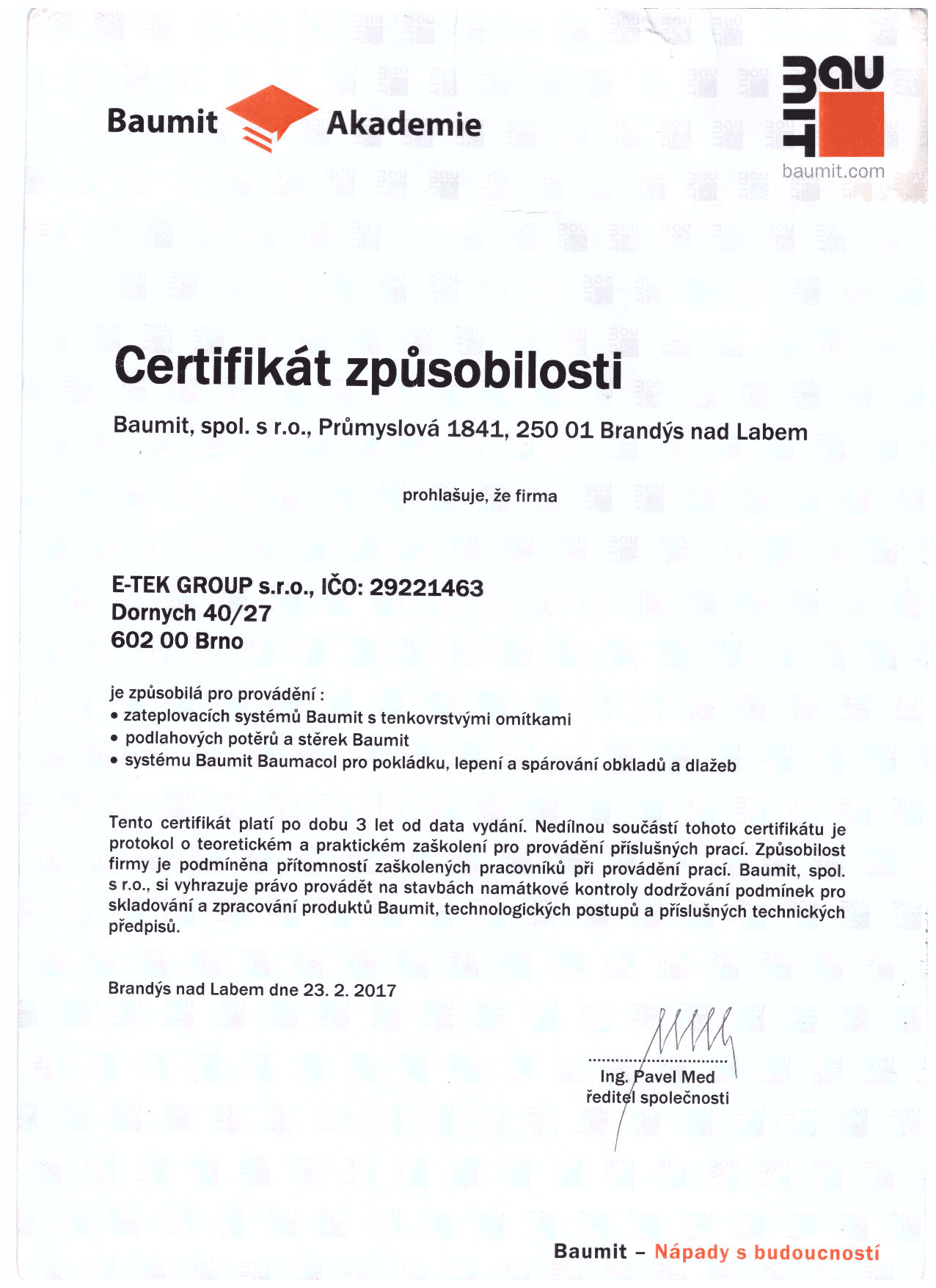 Baumit – Certifikát způsobilosti