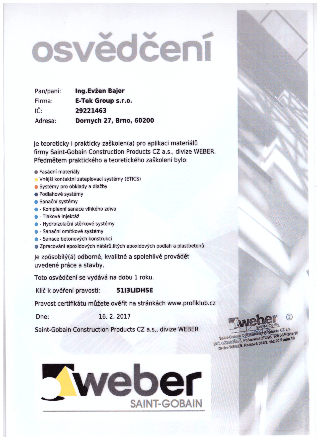 Weber Saint-Gobain – osvědčení 2017
