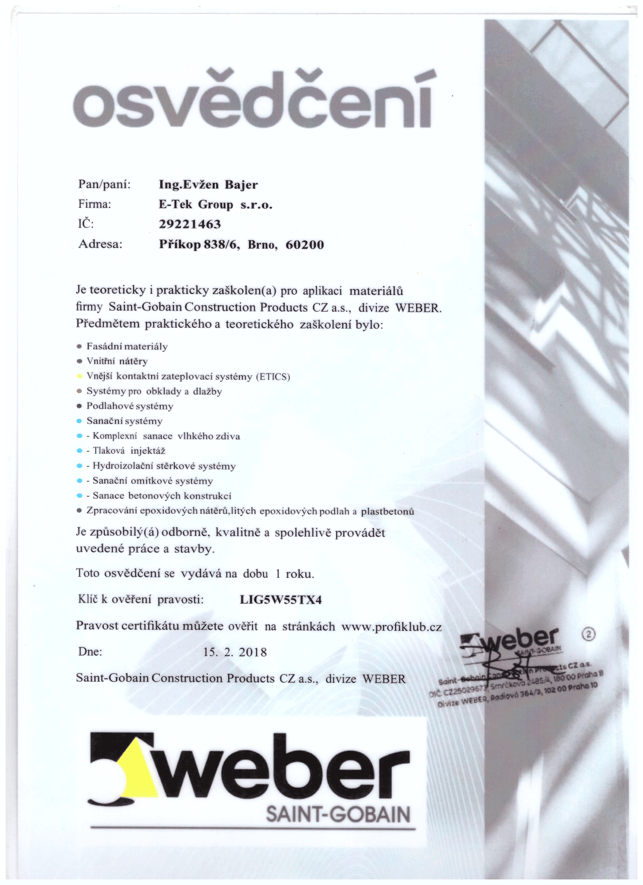 Weber Saint-Gobain – osvědčení 2018